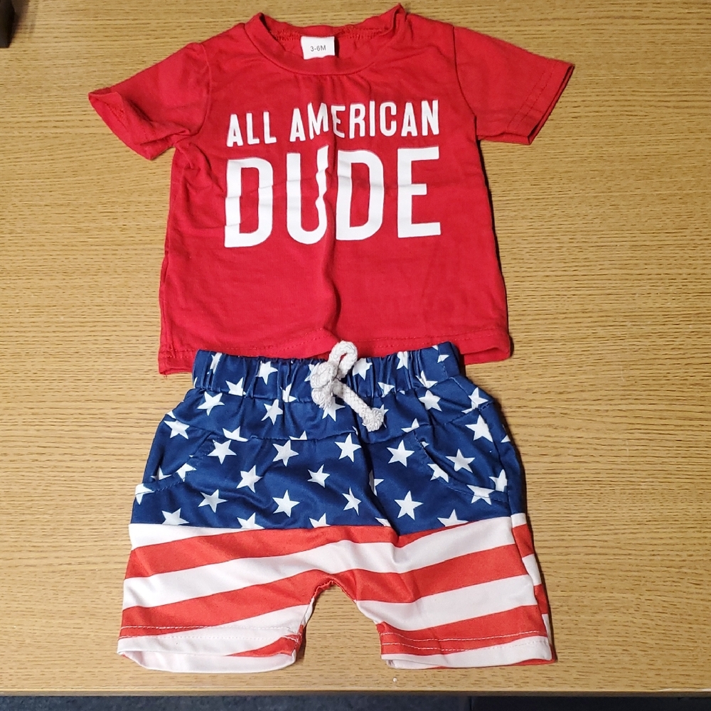 Baby red 'All American Dude' T-Shirt and Star-Spangled Shorts Set